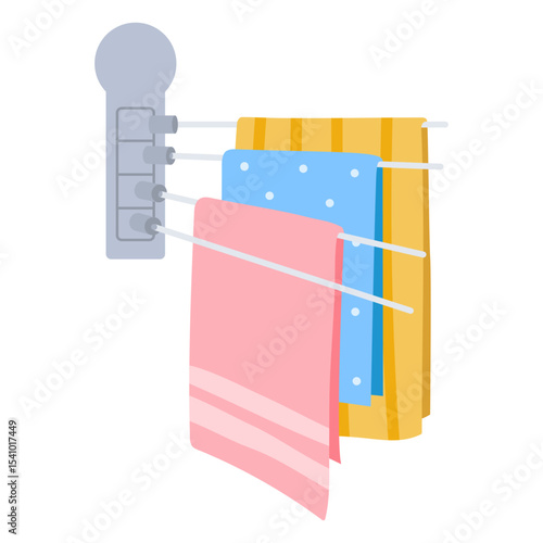 Hanging foot towels. Textile towels on hanger, fabric hand towels flat vector illustration. Cartoon bathroom towels