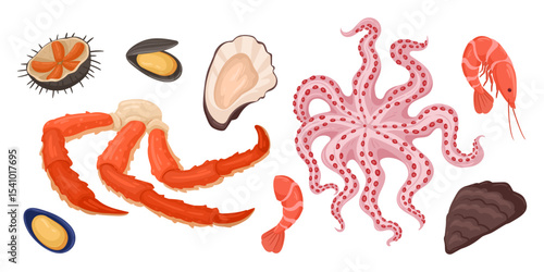 Sea food. Raw crab, octopus, oysters and mussels, delicious ocean seafood flat vector illustration set. Cartoon mediterranean diet food