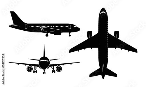 Airplane Silhouette Set: Side, Front, and Top View for Design