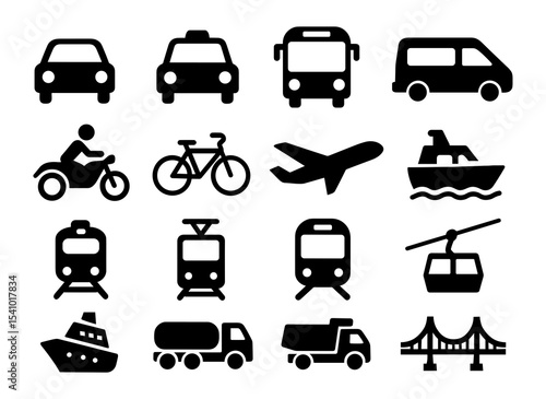 Transportation Icon Set Silhouette Vehicles: Car, Plane, Boat