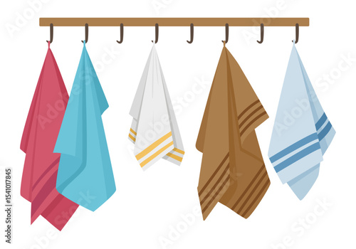 Textile towels. Fabric hand towels, kitchen or shower hanging foot towels, fabric towels on hanger flat vector illustration. Cartoon bathroom textile
