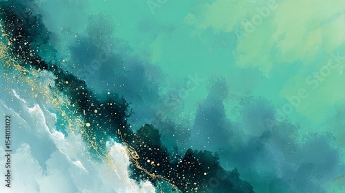 青緑と金彩が織りなす幻想的な墨絵風背景  
