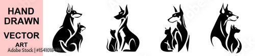 Stylized dog and cat pet silhouette vector design, ideal for logos, veterinary clinics, animal care brands, pet adoption centers, animal lover concepts and labels.