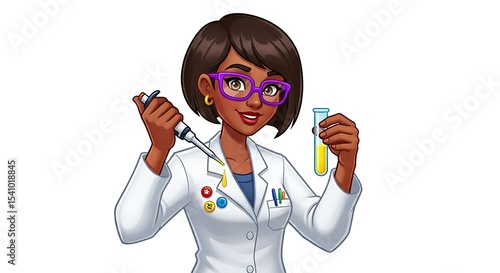 Cartoon illustration of an adult female laboratory scientist holding a pipette and sample, smiling, isolated on white background.