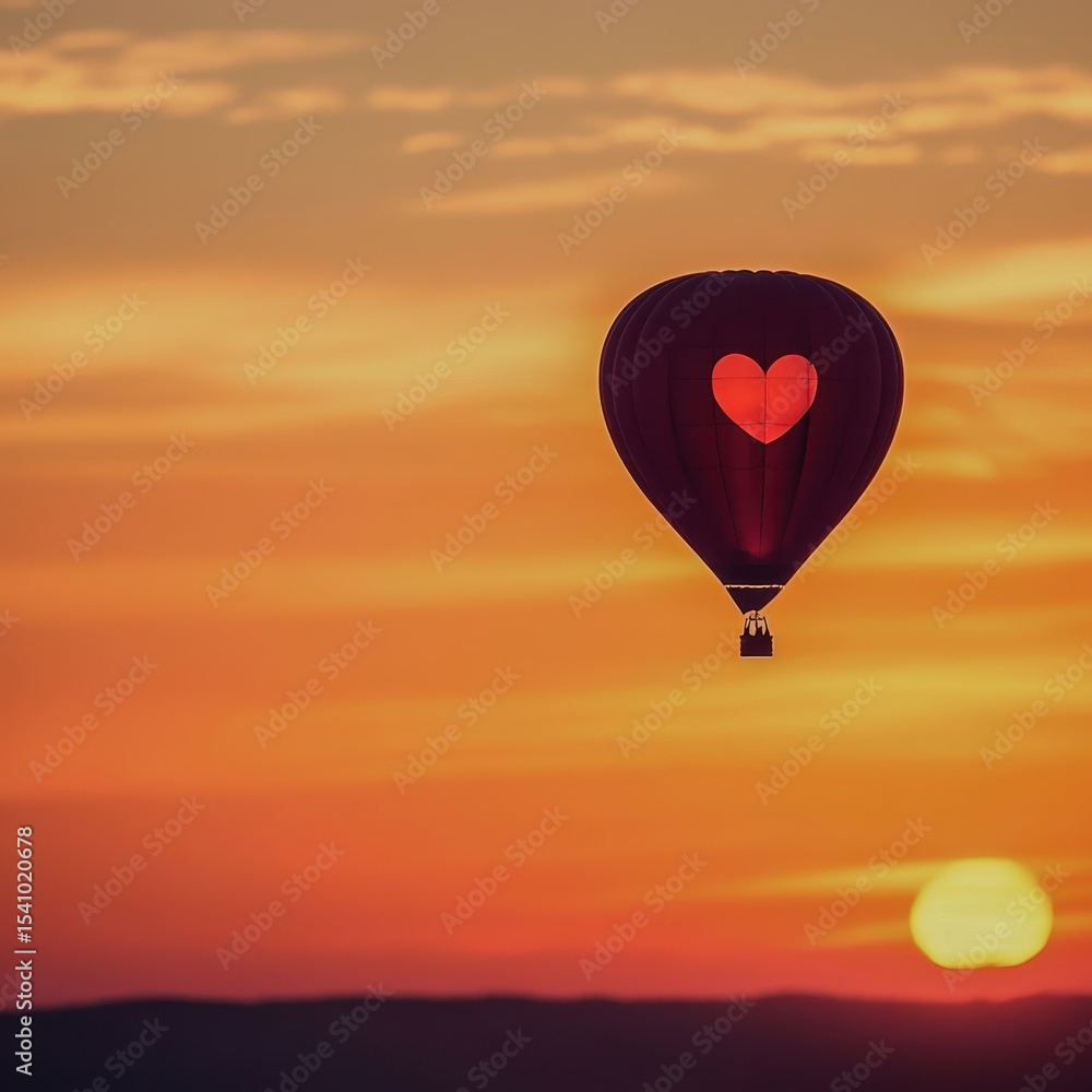 Fototapeta premium A romantic Valentines Day hot air balloon over a sunset
