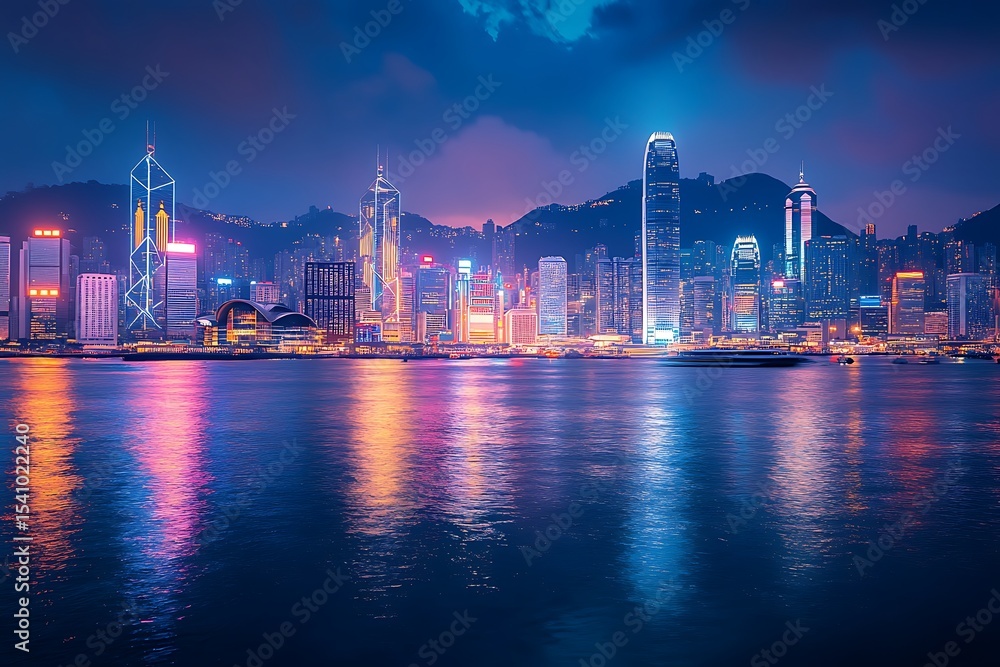 Fototapeta premium Hong Kong skyline at night with reflection in the water, China.