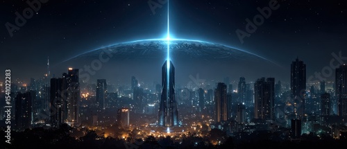 Futuristic city at night with an ethereal light source