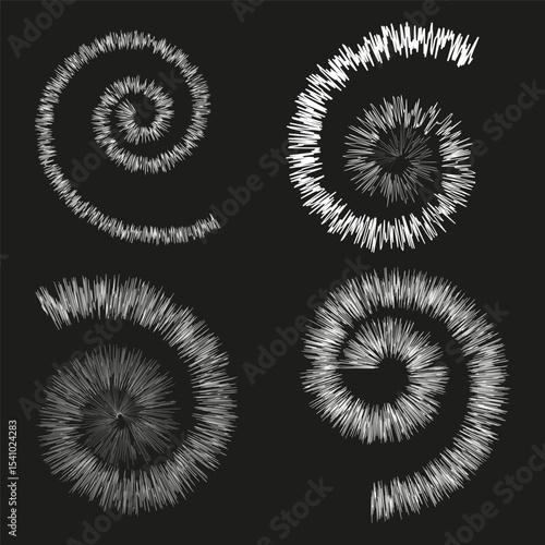 Furry spiral icons. Vector swirl shapes. Abstract curled forms. Black illusion symbols.