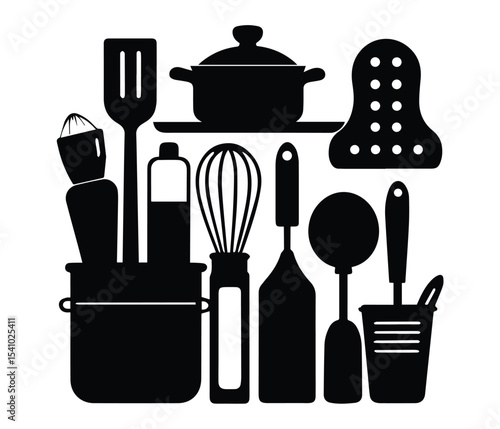 Minimalist Cooking Tools Silhouette Art Collection, Kitchenware Vector Elements, Monochrome Kitchen Equipment, Cooking Utensils and Cookware, Black Kitchen Tools Vector, Kitchen tools Icon Set.