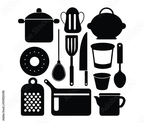 Minimalist Cooking Tools Silhouette Art Collection, Kitchenware Vector Elements, Monochrome Kitchen Equipment, Cooking Utensils and Cookware, Black Kitchen Tools Vector, Kitchen tools Icon Set.