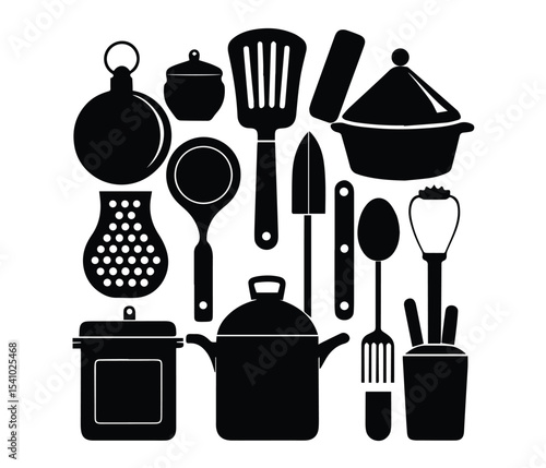 Minimalist Cooking Tools Silhouette Art Collection, Kitchenware Vector Elements, Monochrome Kitchen Equipment, Cooking Utensils and Cookware, Black Kitchen Tools Vector, Kitchen tools Icon Set.
