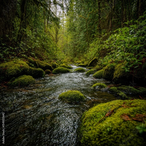 a serene forest stream with vibrant green moss growing along the rocks and plants peeking through the water