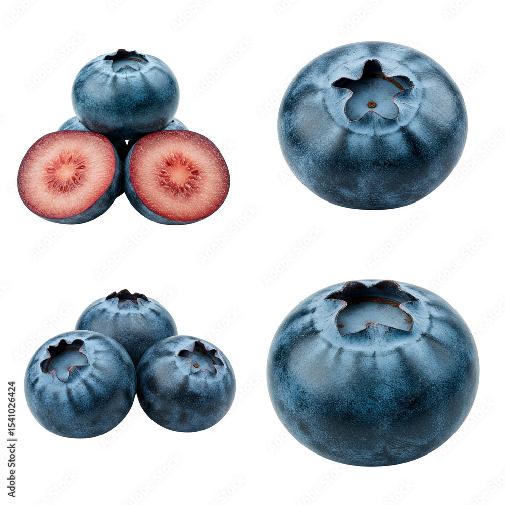 Obraz premium Fresh blueberries arranged in multiple angles with cross-section view