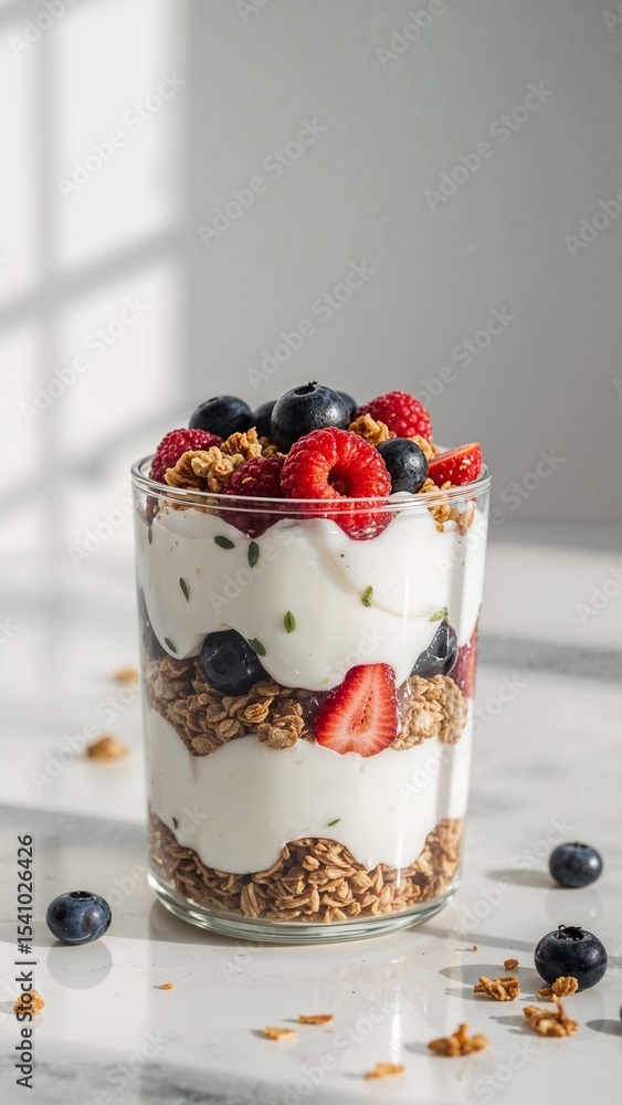 A glass filled with layers of yogurt granola and fresh berries on a white surface in bright lighting A glass filled with layers of yogurt granola and fresh berries on a white surface in bright lighting