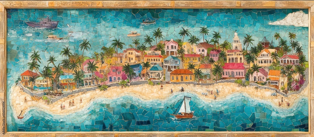 Coastal Town Mosaic Art Colorful Beach Houses Coastal Town Mosaic Art Colorful Beach Houses