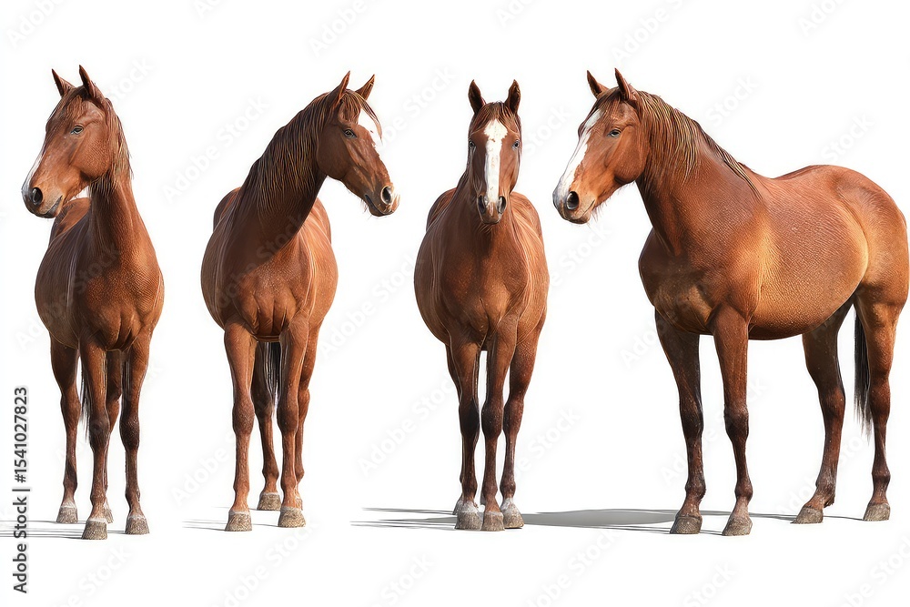 Obraz premium Brown horses side by side, realistic front-facing stance with subtle marking variations isolated on white background