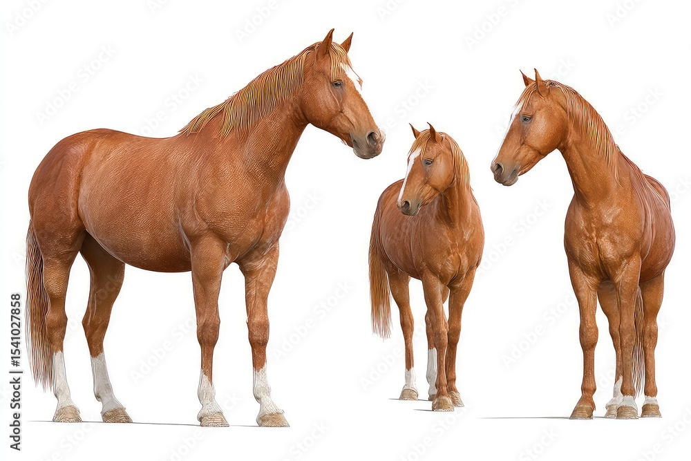 Fototapeta premium Brown horses side by side, realistic front-facing stance with subtle marking variations isolated on white background