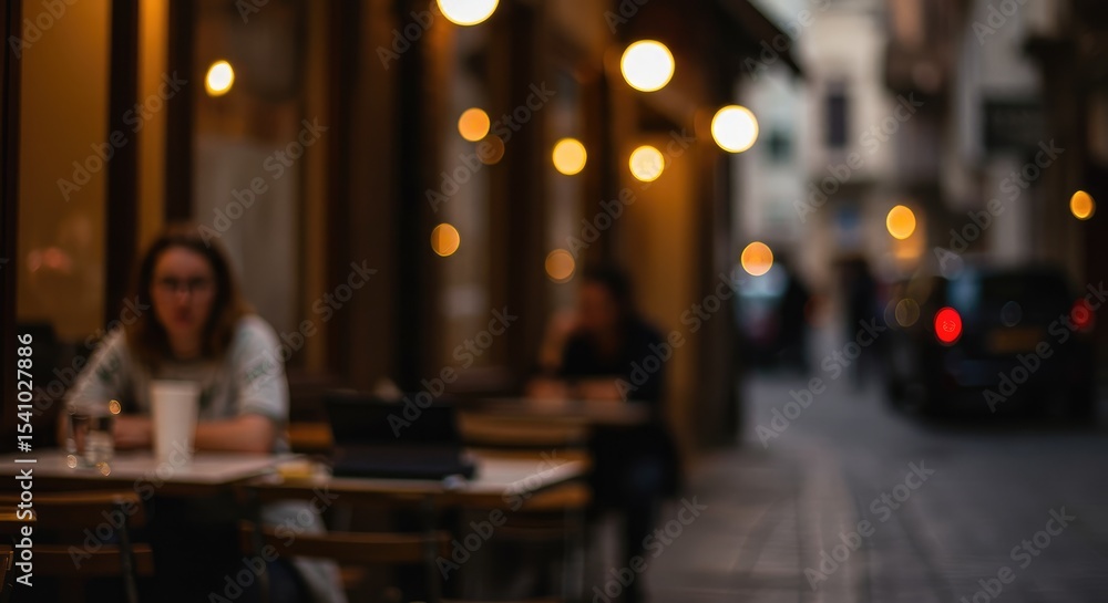 Obraz premium A blurred outdoor cafe scene at dusk