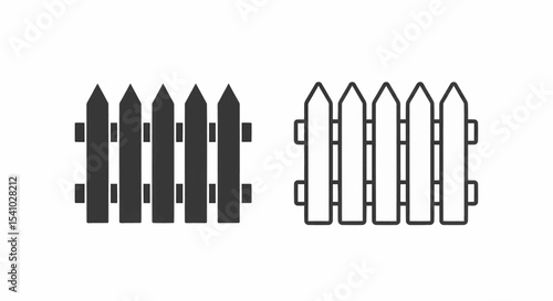 This high-quality vector image features two minimalist picket fence icons: a solid dark gray silhouette and a thick dark gray outline, both with four pickets and two rails, all with fine details.