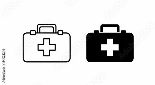This high-quality vector image features two simple first aid kit icons: a black outline and a solid black silhouette, both with a handle, clips, and a raised cross symbol, all with fine detail.