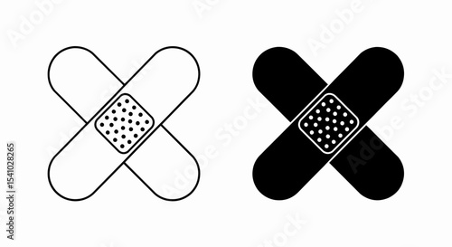 This high-quality vector image features two minimalist crossed bandage icons: a black outline and a solid black silhouette, both with an absorbent pad and fine details.