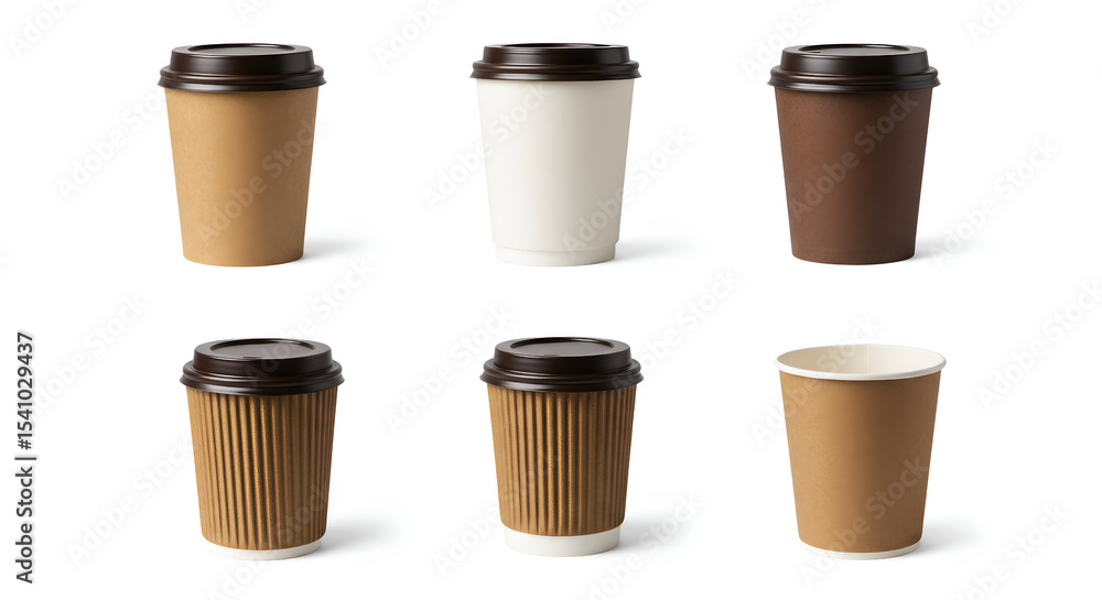 Collection of six assorted paper coffee cups with lids on white background Collection of six assorted paper coffee cups with lids on white background