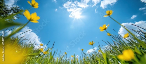 Bright yellow flowers in a field against a vibrant blue sky