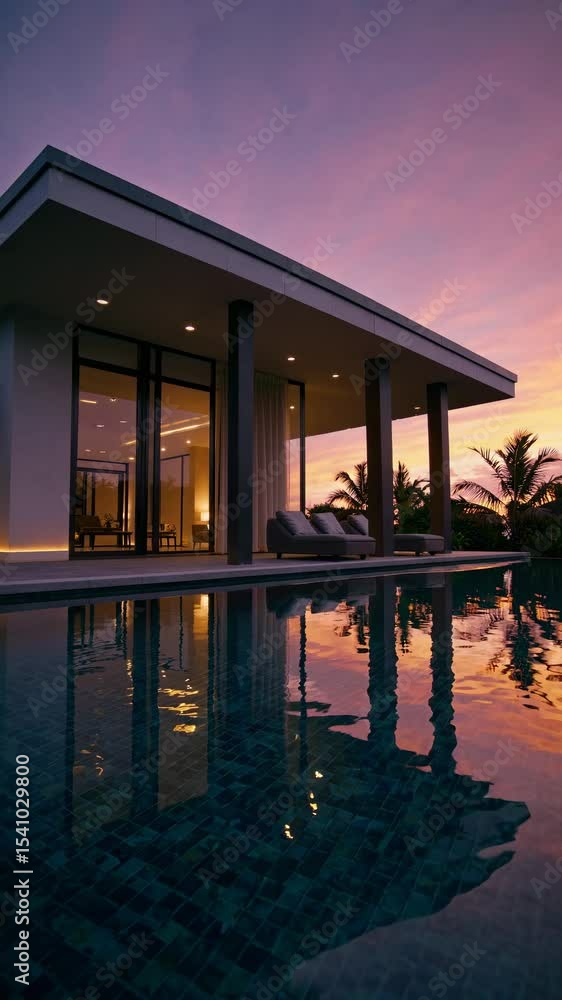Modern villa at sunset with a low-angle view over a reflective pool, capturing serene luxury. Ideal for a real estate video showcase. Modern villa at sunset with a low-angle view over a reflective pool, capturing serene luxury. Ideal for a real estate video showcase.