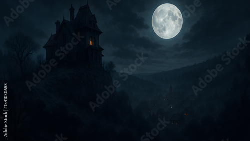 Abandoned Mansion on a Hill Overlooking a Foggy Village by Moonlight