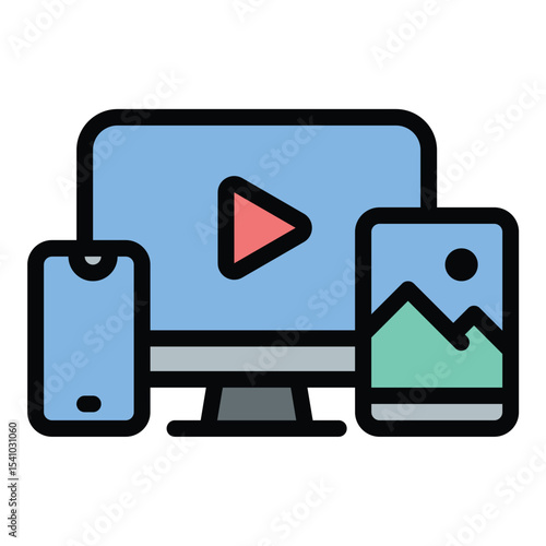 Multiplatform icon flat line style illustration representing compatibility across various devices and operating systems, suitable for app development, software, and digital service-related projects
