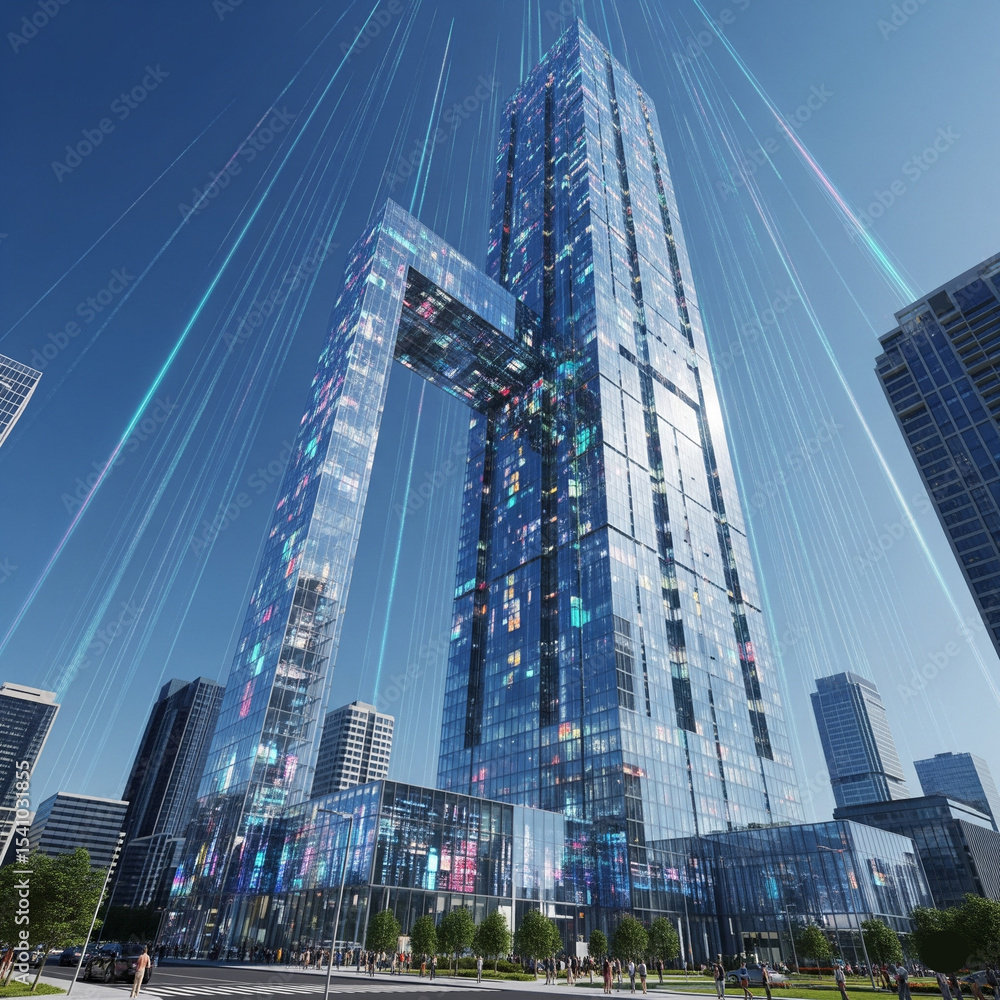 Obraz premium vibrant futuristic skyscraper city with data streams