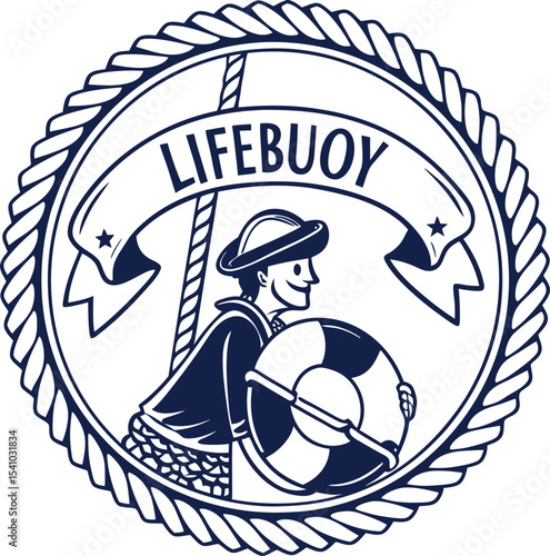 Retro style lifebuoy badge with sailor holding life ring, rope border and banner featuring lifebuoy text classic nautical emblem design in vintage monochrome vector illustration