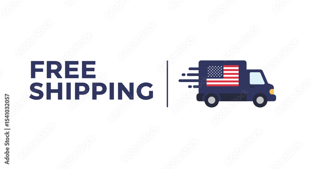 FREE SHIPPING. Delivery truck with American flag icon. E-commerce promotion and logistics concept for online orders and fast delivery service in USA. FREE SHIPPING. Delivery truck with American flag icon. E-commerce promotion and logistics concept for online orders and fast delivery service in USA.