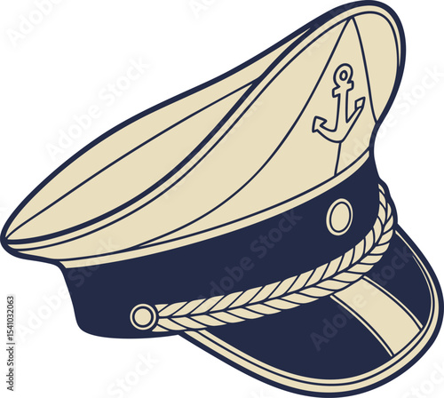 Classic sea captain hat with anchor emblem rope detail and visor in navy blue and beige colors isolated on white background vector illustration maritime uniform accessory