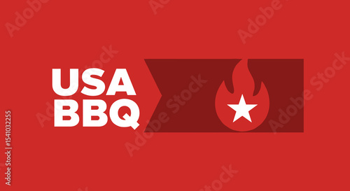 USA BBQ logo design with flame and star emblem on a red background. Concept for American barbecue, grilling, and patriotic food events. Modern graphic illustration.