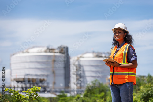 An environmental engineer in a safety vest points toward large industrial storage tanks while conducting a site survey. She holds a tablet, indicating active environmental monitoring and assessment.
