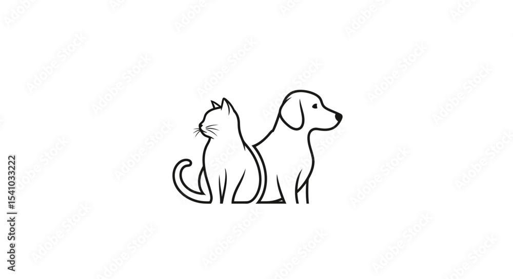 Fototapeta premium Minimalist Black Line Art Cat and Dog Sitting Side by Side on White Background 
