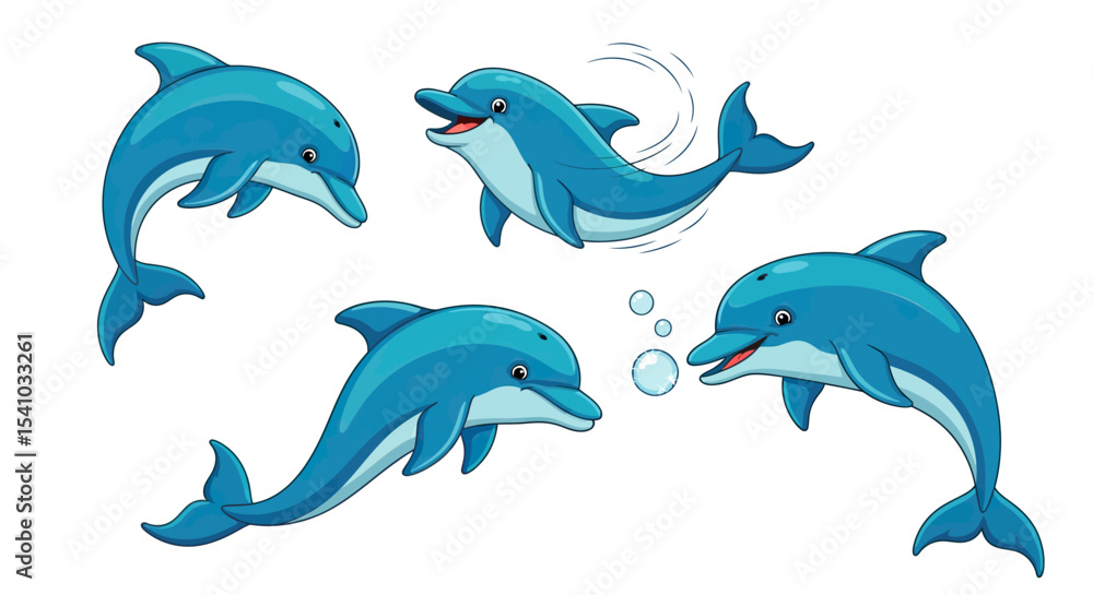 Naklejka premium Cute Blue Cartoon Dolphins Playing and Jumping on White Background 