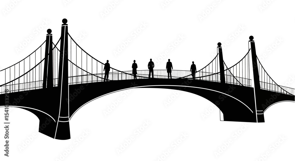 Fototapeta premium Silhouette People Standing on Black Suspension Bridge with White Background 
