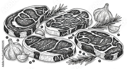 Black and White Hand Drawn Raw Beef Steak with Garlic and Rosemary Illustration
