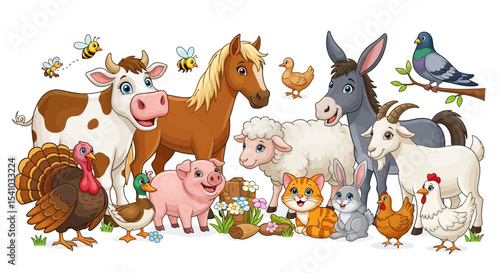 Cute Colorful Farm Animals Group Standing on Grass with Flowers and Bees
