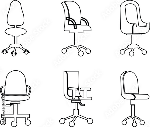 Stylish office chair icon set featuring ergonomic designs in black and outline stroke aesthetics perfect for representing comfortable seating for working at a desk. Piece of furniture for living room,