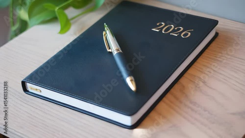 Elegant Black 2026 Planner With Gold Pen On Wooden Table Near Green Plant Representing Organization Planning And Focus

