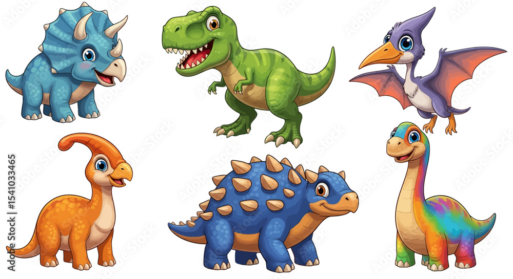 Obraz premium Colorful Cute Cartoon Dinosaurs Smiling Standing on White Background 