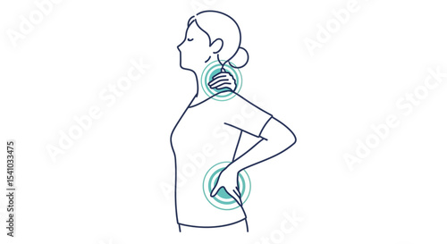 Woman Experiencing Neck and Lower Back Pain with Minimalist Line Art and Blue Pain Indicators
