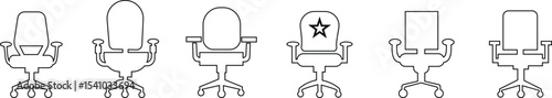 Stylish office chair icon set featuring ergonomic designs in black and outline stroke aesthetics perfect for representing comfortable seating for working at a desk. Piece of furniture for living room,