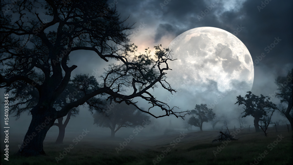 Fototapeta premium Full Moon Night in a Misty Swamp with Oak Trees
