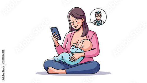 Mother Breastfeeding with Doctor Consultation on Phone: Medical Illustration Concept