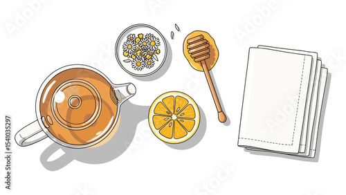 Illustration of chamomile tea with honey, lemon, napkins for health and wellness