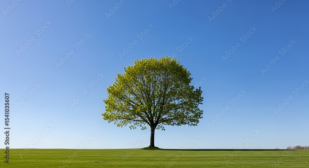 Obraz premium Solitary Tree Standing Tall in a Green Field Under a Clear Blue Sky (1)